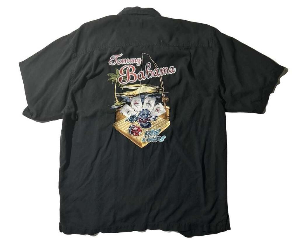 Tommy Bahama Fish & Chips Poker Cards Silk Short Sleeve Camp Shirt Black M